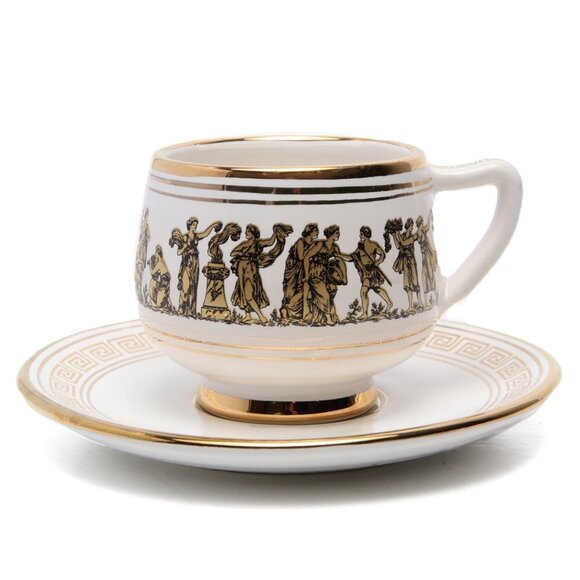 Vintage Arguros 24K Gold Greek Ceramic Cup & Saucer Set Handmade Greece White - Picture 3 of 15